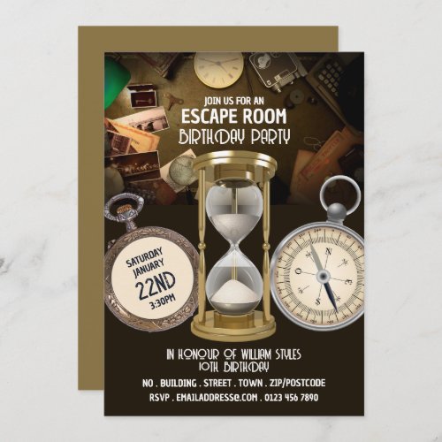 Hour Glass Design Escape Room Birthday Party Invitation