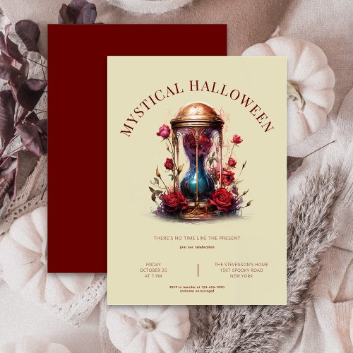 Hourglass with roses beige  burgundy Halloween Invitation