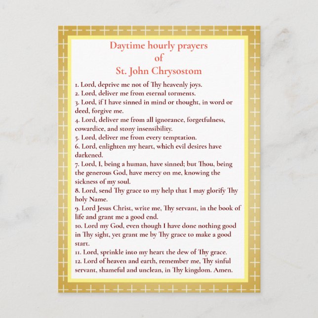 Hourly prayers of St. John Chrysostom prayer card (Front)