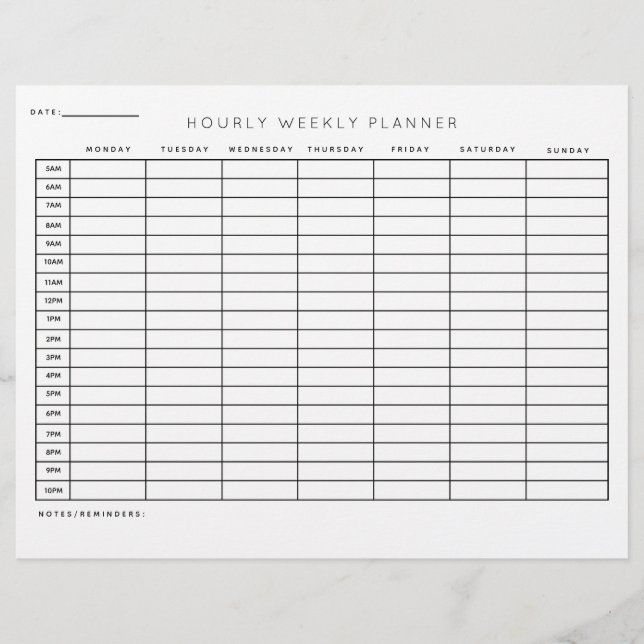 Hourly Weekly Planner Schedule Printed Sheets  (Front)