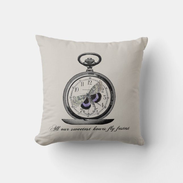Hours fly fast, Pocket watch and butterfly Throw Pillow (Front)