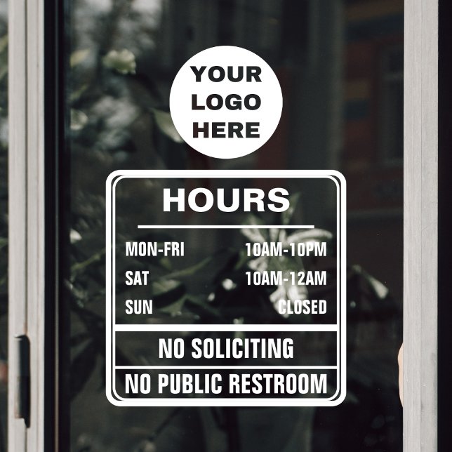 Hours of Operation No Soliciting Restroom Logo Window Cling (hours of operation transparent door sticker with logo, no public restroom and no soliciting text)