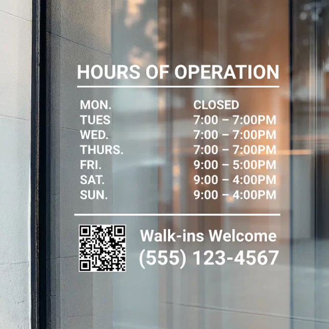 Hours of Operation QR Code Window Cling | Zazzle