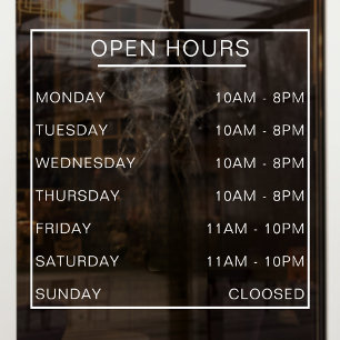 Hours of Operation Store Front Store Business Hour Window Cling