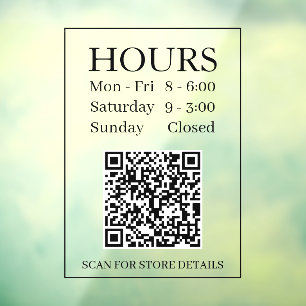 Hours Open Sign, Generate QR Code, Message, Black Window Cling