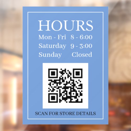 Hours Open Sign QR Code Message Blue Black White Window Cling