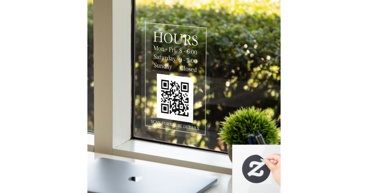 Hours Open Sign, QR Code, Message White Text Clear Window Cling | Zazzle