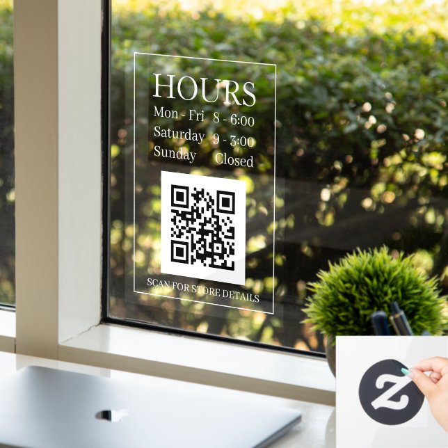 Hours Open Sign, QR Code, Message White Text Clear Window Cling (Office)