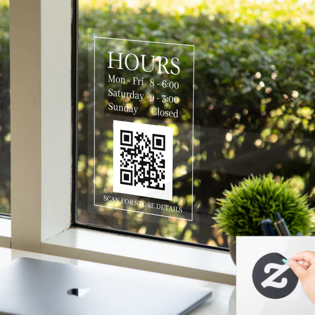 Hours Open Sign, QR Code, Message White Text Clear Window Cling | Zazzle