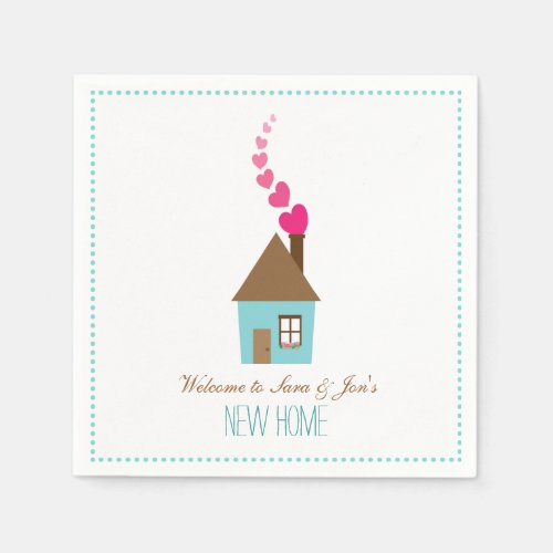House and Hearts Welcome to New Home Personalized Paper Napkins