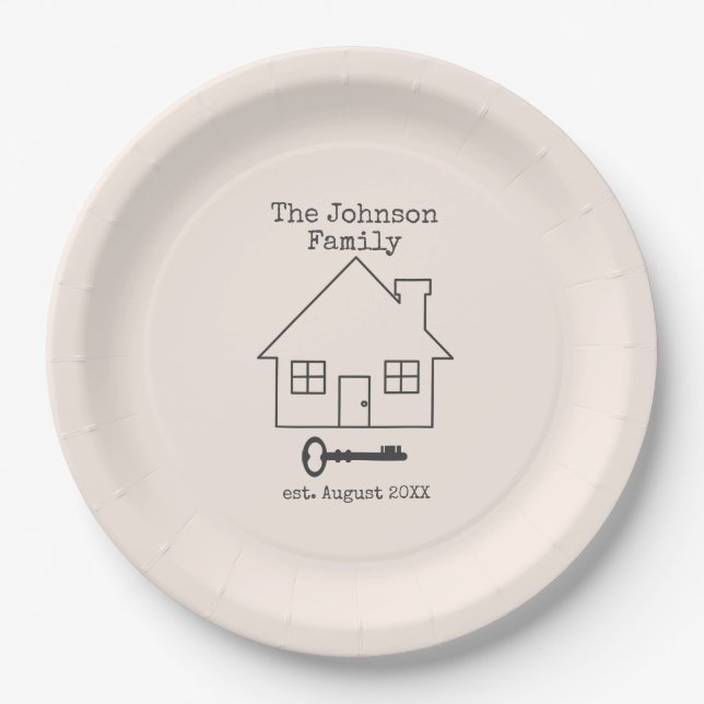House and Key Family home custome name Paper Plates (Front)