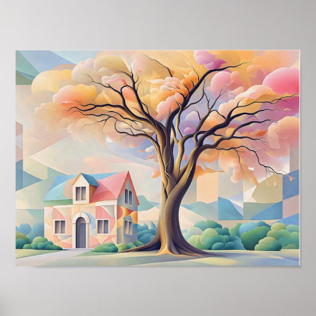 House and Tree in Art Deco Pastels Poster (Front)