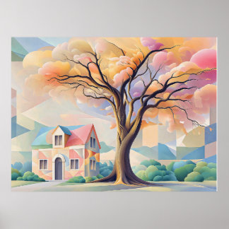 House and Tree in Art Deco Pastels Poster