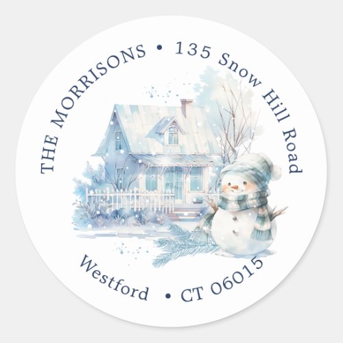 House Blue Snowman Christmas return address label