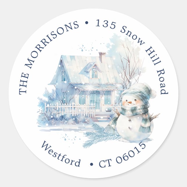 House Blue Snowman Christmas return address label (Front)