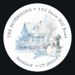 House Blue Snowman Christmas return address label<br><div class="desc">House at Christmas time with blue little snowman - return address label. You can change text according to your requirements</div>