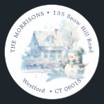 House Blue Snowman Christmas return address label<br><div class="desc">House at Christmas time with blue little snowman - return address label. You can change text according to your requirements</div>