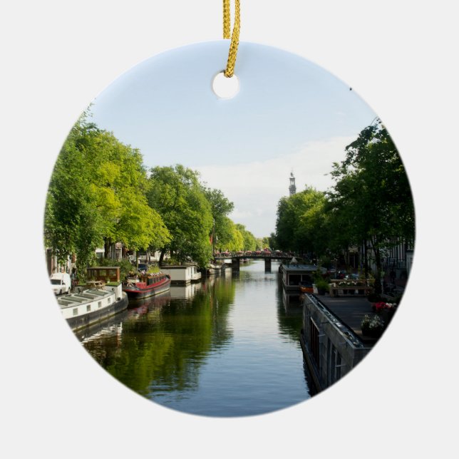 House Boats on Amsterdam Canal Ceramic Ornament (Front)