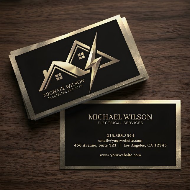 House & Bolt Logo Black Gold Electrical Services   Business Card (Creator Uploaded)