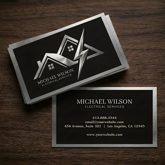 House & Bolt Logo Black Silver Electrical Services Business Card (Creator Uploaded)