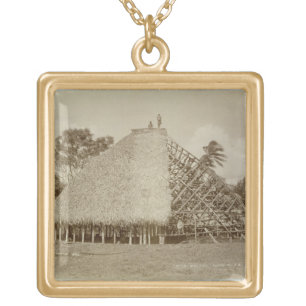 House Building in Samoa, c.1875 (sepia photo) Gold Plated Necklace
