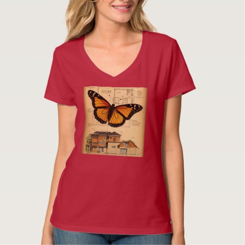 House  Butterfly Printed Womens V_Neck T_Shirt