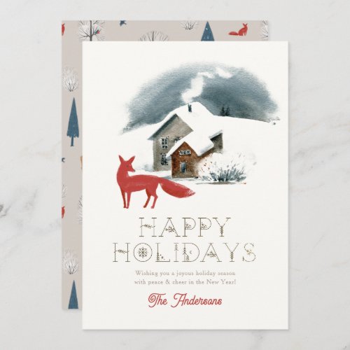 House Chimney Red Fox Winterscape Christmas Holiday Card