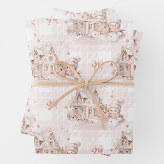 House Christmas Snowgirl Wrapping Paper Sheets (In situ)