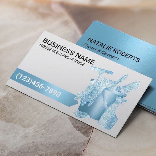 House Cleaning Blue Glitter  Silver Professional  Business Card