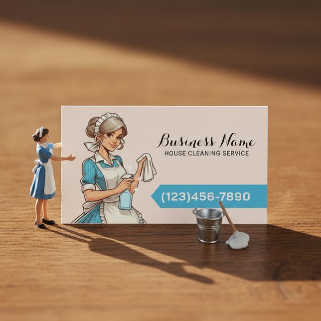 House Cleaning Cartoon Maid Housekeeping Service Business Card (Creator Uploaded)