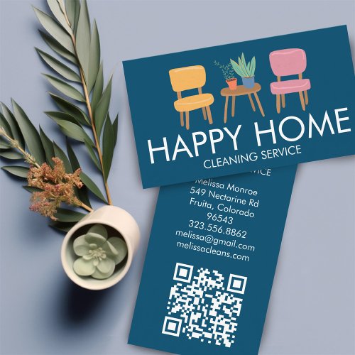 House Cleaning Cute Chairs Plants Custom QR Code Business Card