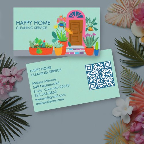 House Cleaning Cute Front Door Custom QR Code Business Card