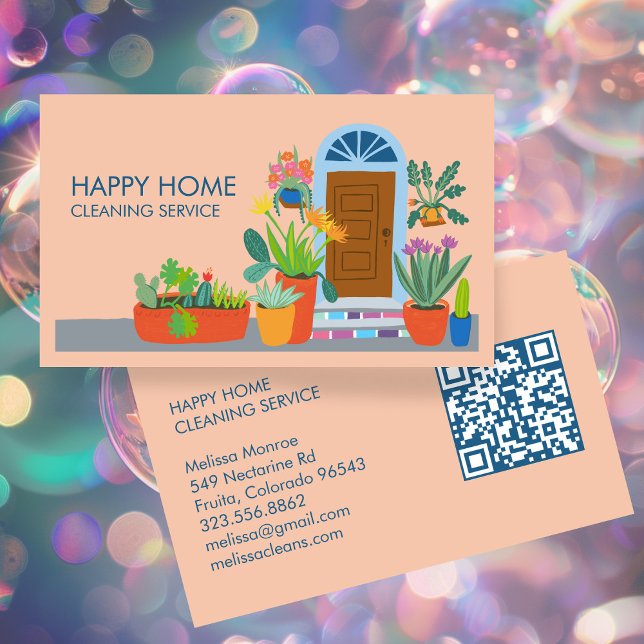 House Cleaning Cute Front Door Custom QR Code Business Card (House Cleaning Janitorial Maid Cleaner Housesitting Cute Front Door Custom QR Code Business Card
)