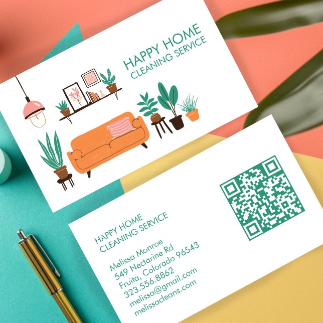 House Cleaning Cute Livingroom Art Custom QR Code Business Card (House Cleaning Cleaner Maid Cute Livingroom Art Custom QR Code Business Card
)