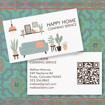 House Cleaning Cute Livingroom Art Custom Qr Code Business Card by ShoshannahScribbles at Zazzle