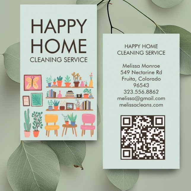 House Cleaning Cute Livingroom Art Custom QR Code Business Card (Cute living room illustration adorns these custom business cards with QR code. Perfect for maids)