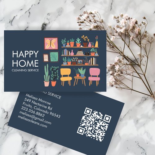 House Cleaning Cute Livingroom Art Custom QR Code Business Card