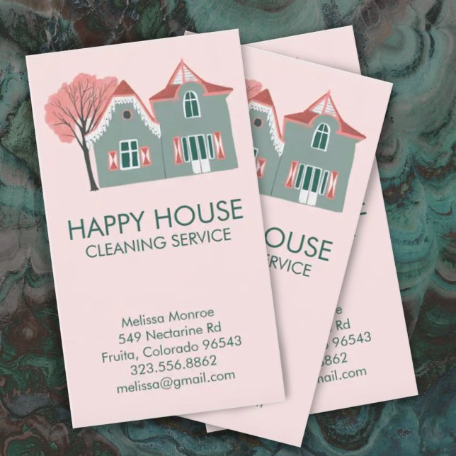 House Cleaning Home Services Charming Pink Green Business Card (Creator Uploaded)