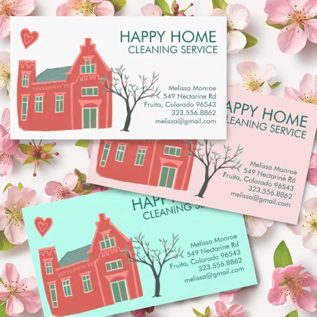 House Cleaning Home Services Charming Pink Green Business Card (Cute house hand-drawn illustration decorates this custom business card. Add your text, change colors)
