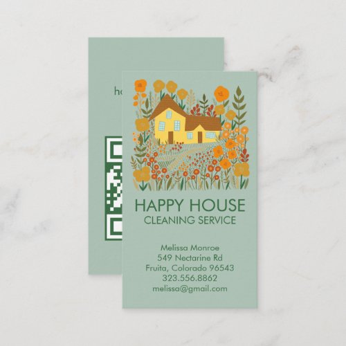 House Cleaning Home Services Floral Farmhouse QR  Business Card