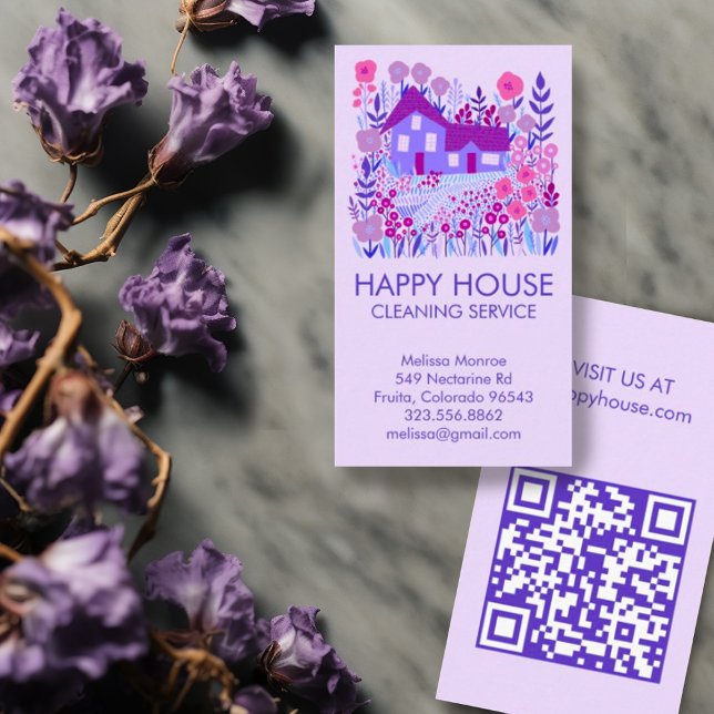 House Cleaning Home Services Floral Farmhouse QR  Business Card (Charming custom QR code business card with house and garden illustration)