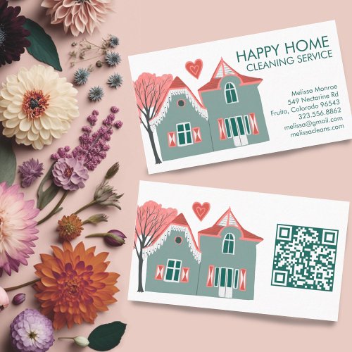 House Cleaning Home Services Pink Green QR Code Business Card