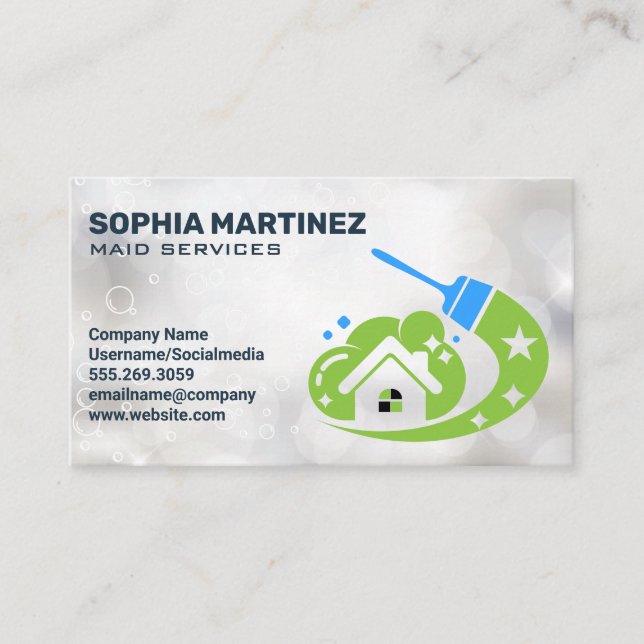 House Cleaning House Broom Logo Business Card (Front)
