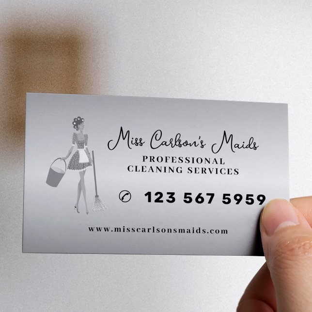 House cleaning housekeeper maid service silver business card (Creator Uploaded)
