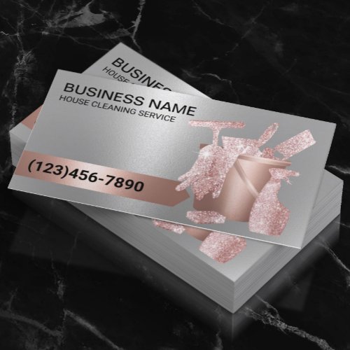 House Cleaning Housekeeping Chic Rose Gold Silver Business Card