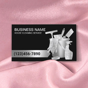 House Cleaning Housekeeping Modern Black & Silver Business Card