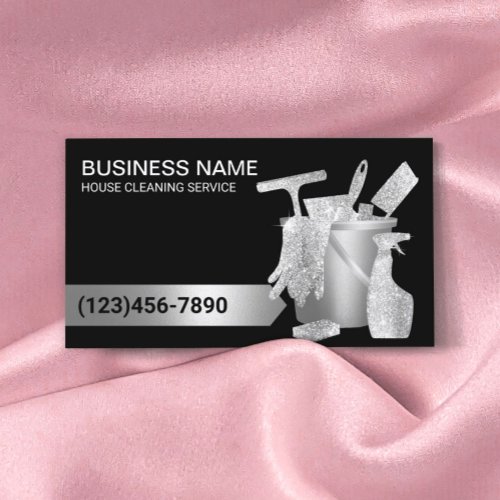 House Cleaning Housekeeping Modern Black  Silver Business Card