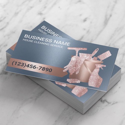 House Cleaning Housekeeping Rose Gold Dusty Blue Business Card
