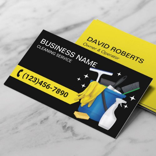 House Cleaning Housekeeping Service Black  Yellow Business Card