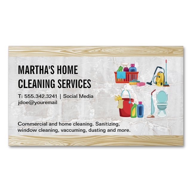 House Cleaning Icons | Mable Wood Background Business Card Magnet (Front)